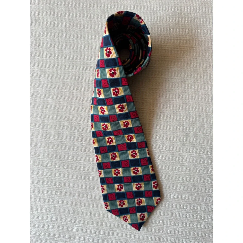 J. Garcia Snail Garden Collection Nine Silk Tie Blue Red Floral Geometric Mens
